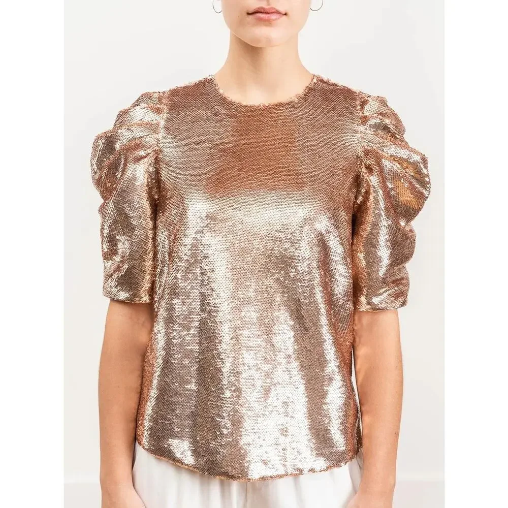 Ulla Johnson Rae Sequin Blouse Size 2 Rose Gold Puff Sleeve Party Top Metallic
